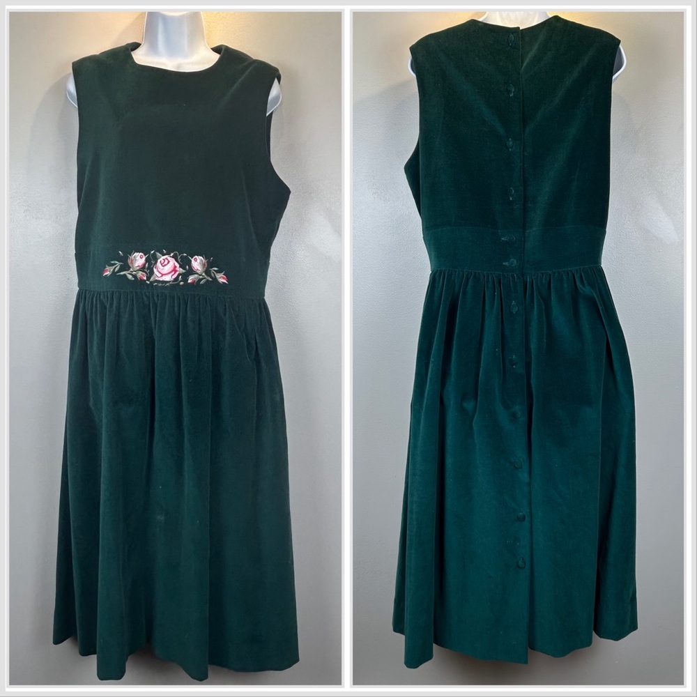 Vintage Eagle's Eye Velvet Jumper Dress Womens 12 80s Floral Embroidered Modest